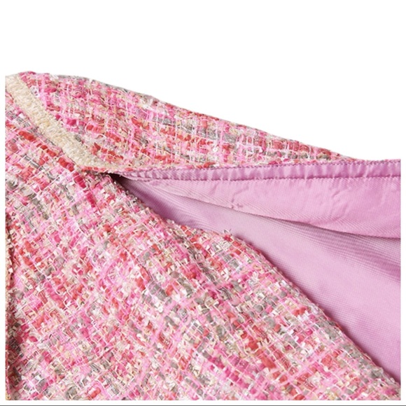 The Kaya Metallic Pink Tweed Belted Jacket Dress - Picture 8 of 12